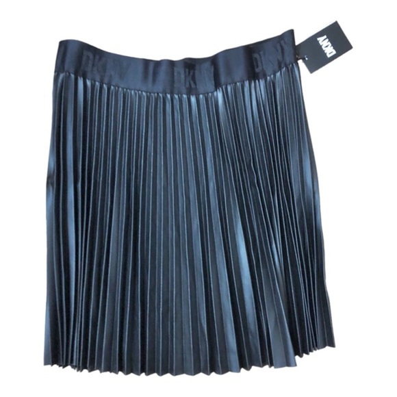 DKNY olive Faux leather accordian Pleats logo waistband Mini Skirt‎ size XL new - Picture 13 of 15